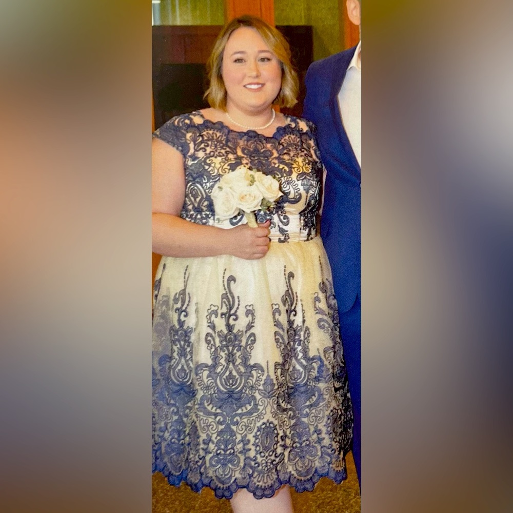 Plus size women’s navy and cream mid length prom/unconventional wedding dress